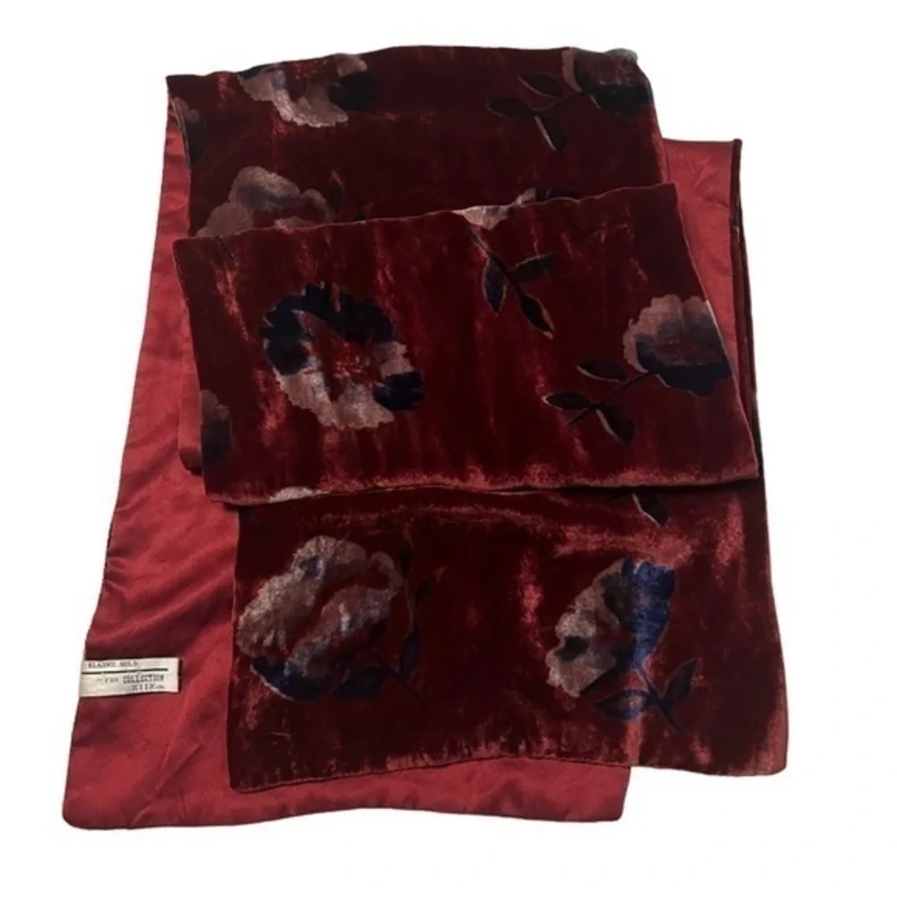 Elaine Gold For Collection XIIX Burgundy Velvet & Silk Floral Scarf ~54”x 10”